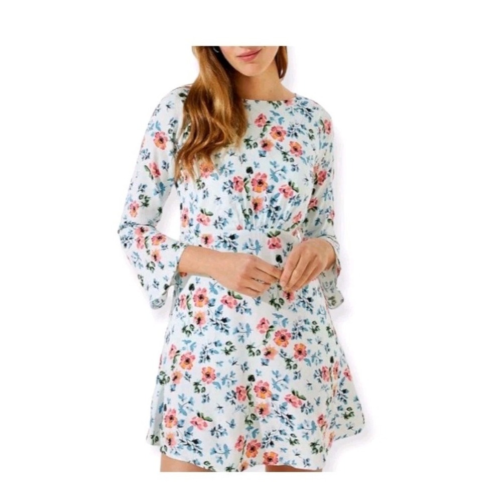 LOFT Floral Bell Sleeve Dress Tie Back White Pink Blue Boho Cottagecore 6